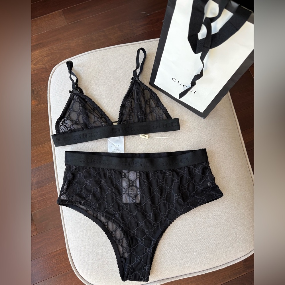 Gucci Black GG Embroidered Tulle Sheer Lingerie Set L New Condition Mesh Logo GG - Picture 3 of 16